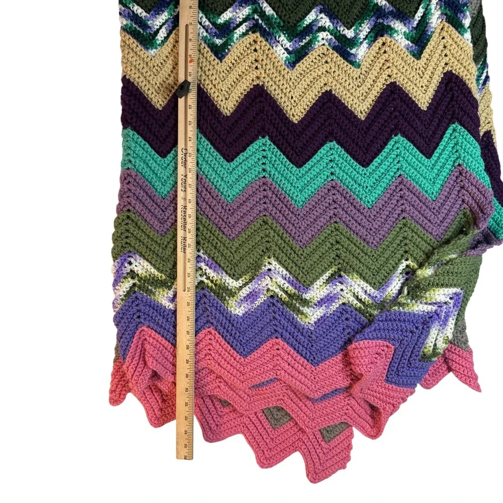 Vintage 70 Crochet Afghan Blanket Chevron Zig Zag Multicolor Handmade Boho Throw